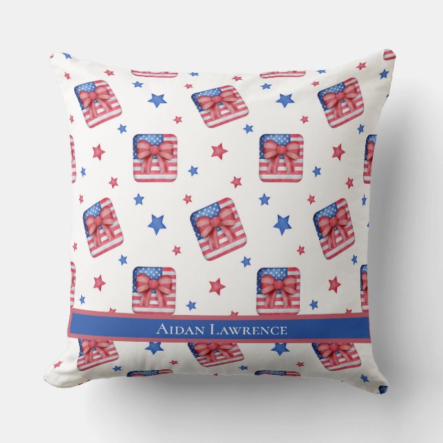Personalised American Flag 4th July Bow Blue Red  Cushion (Front)