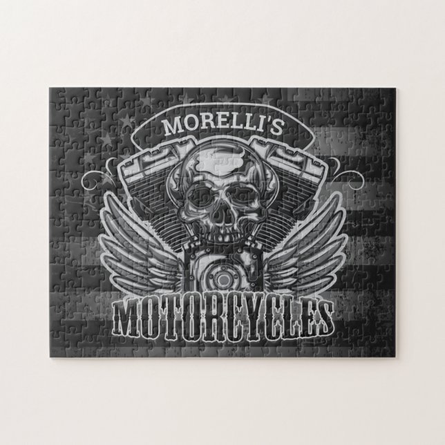 Personalised American Flag Biker Skull Motorcycle Jigsaw Puzzle (Horizontal)