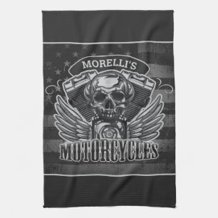 Personalised American Flag Biker Skull Motorcycle Tea Towel