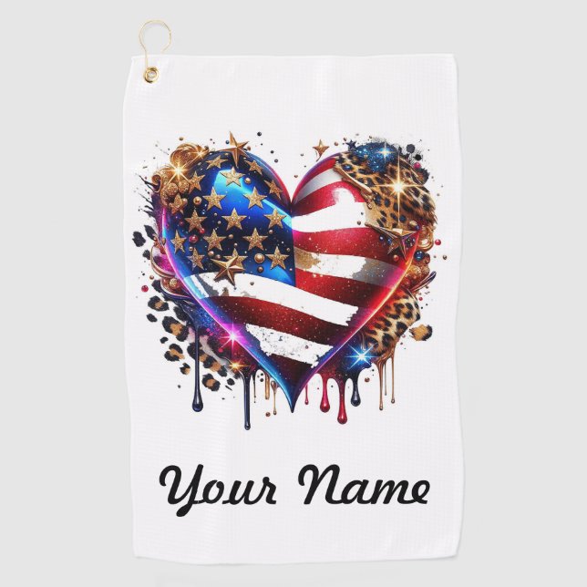 Personalised American Flag Heart Golf Towel (Front)
