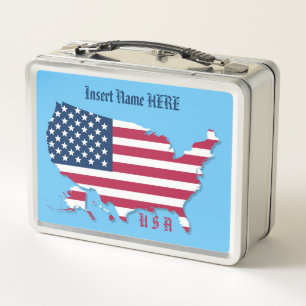 Personalised American Flag, Map Red White & Blue Metal Lunch Box