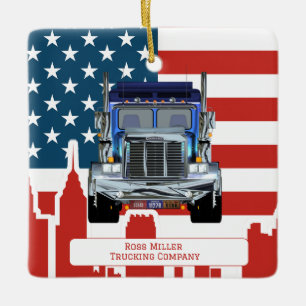 Personalised  American Flag Skyline Trucker   Ceramic Ornament