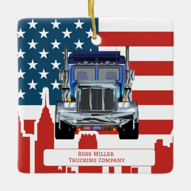 Personalised  American Flag Skyline Trucker   Ceramic Ornament (Front)