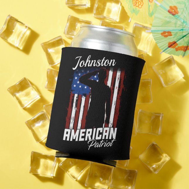 Personalised American Patriot Soldier USA Flag  Can Cooler (In Situ Summer)