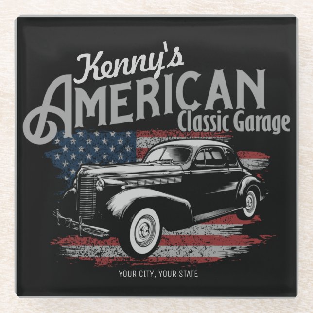 Personalised American Vintage Classic Car Garage Glass Coaster (Front)