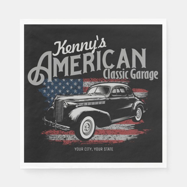 Personalised American Vintage Classic Car Garage  Napkin (Front)