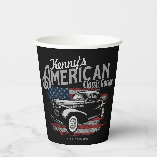 Personalised American Vintage Classic Car Garage Paper Cups (Front)