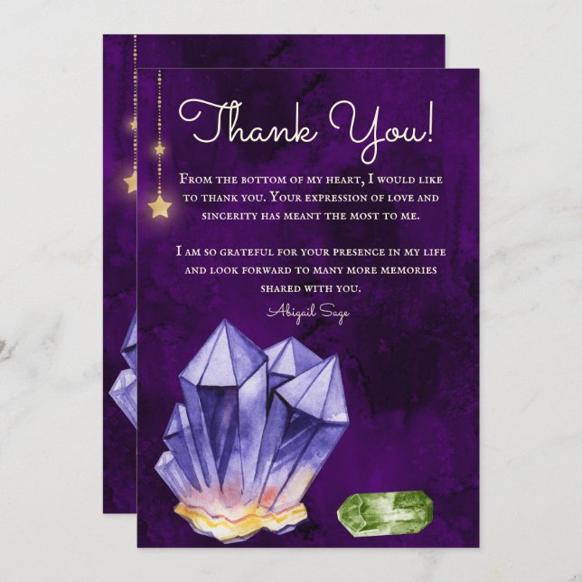Personalised Amethyst and Beryl Crystals Purple Thank You Card (Front/Back)