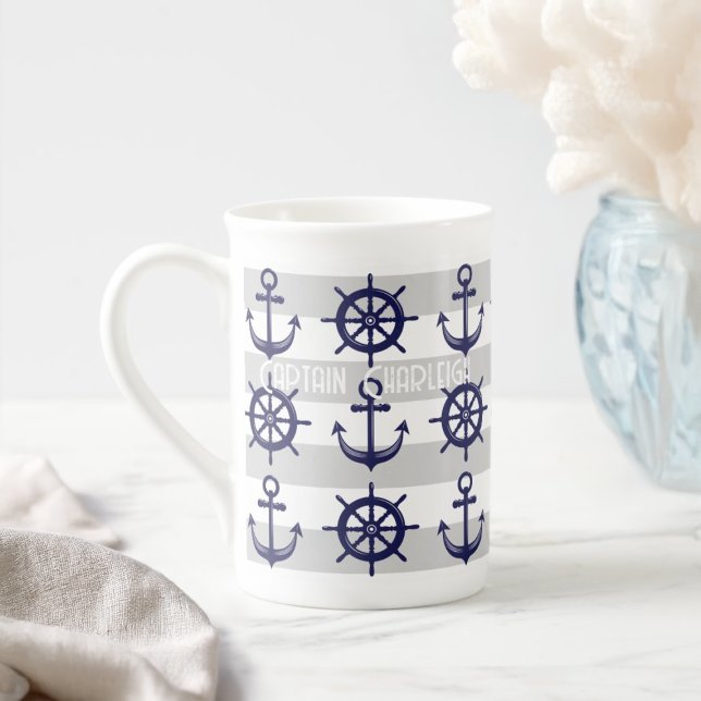 Personalised Anchor Boat Wheel Striped Nautical Bone China Mug (Creator Uploaded)