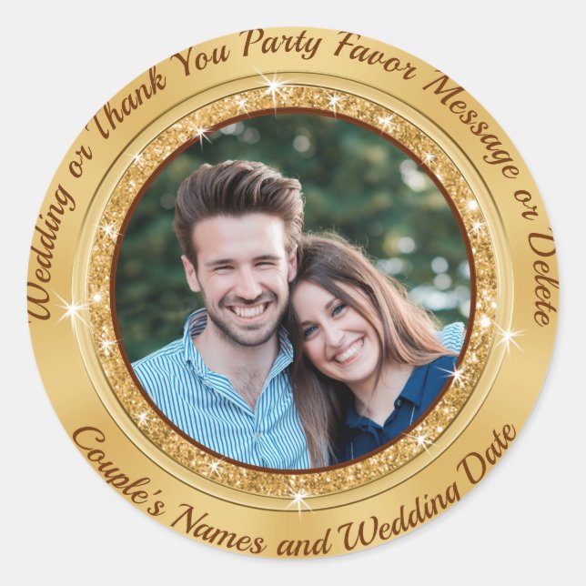 Personalised and PHOTO, Gold Wedding Stickers,  Classic Round Sticker (Front)