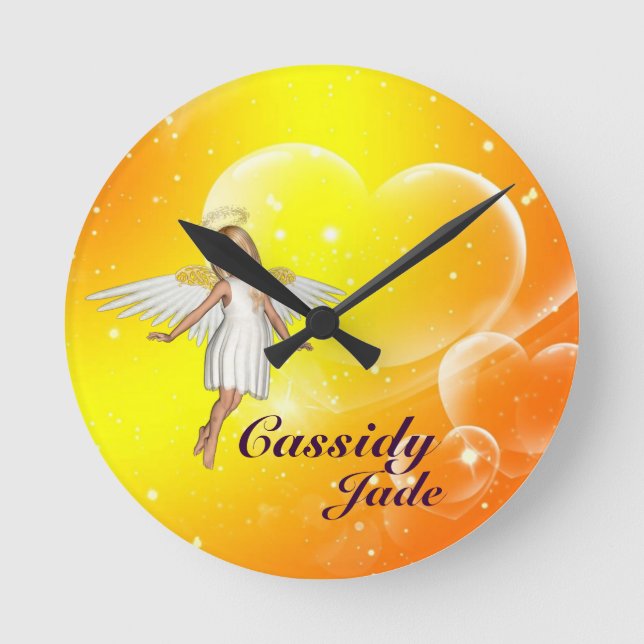 Personalised Angel Wall Clock - yellow hearts (Front)