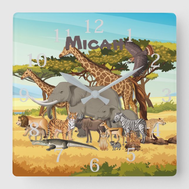 Personalised Animals of Africa Square Wall Clock (Front)