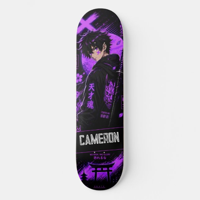 Personalised Anime  Black Purple Samurai  Skateboard (Front)