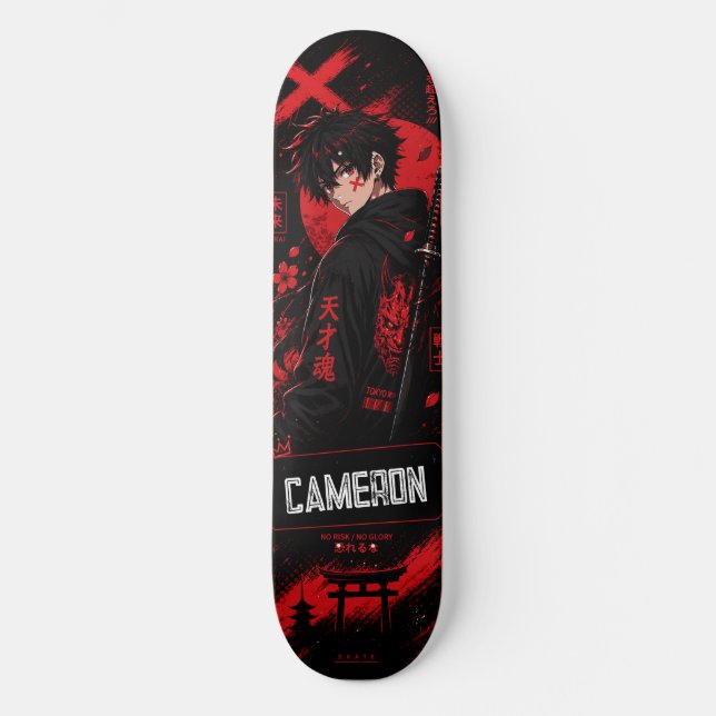 Personalised Anime Black Red Samurai  Skateboard (Front)