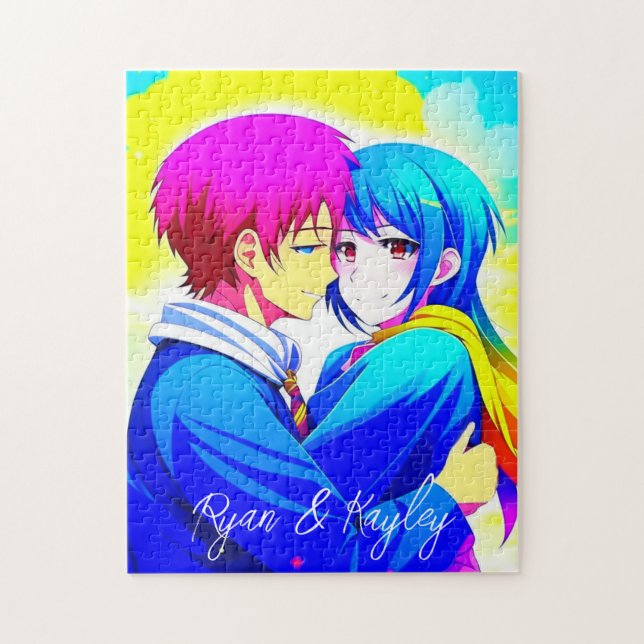 Personalised Anime Couple Hugging Pink and Blue Jigsaw Puzzle (Vertical)