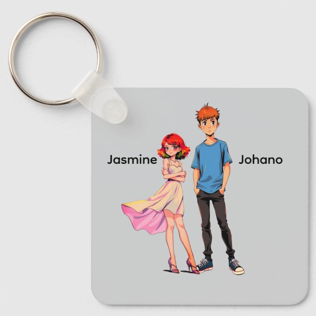 Personalised Anime Couple Square Keychain -  (Front)