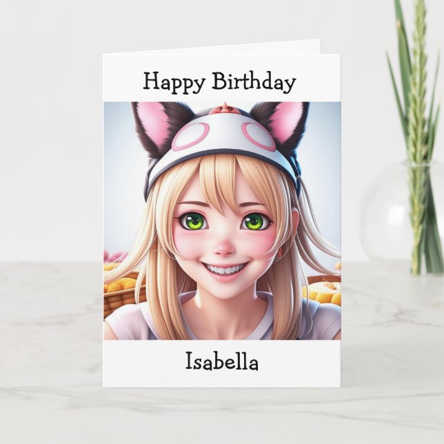 Personalised Anime Girl Birthday | Colouring Page Card (Front)