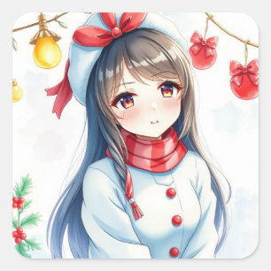 Personalised Anime Girl Christmas Square Sticker