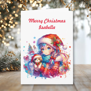 Personalised Anime Girl   Colouring Page Christmas Card
