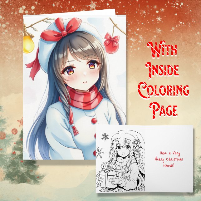 Personalised Anime Girl Colouring Page Christmas Card (Creator Uploaded)