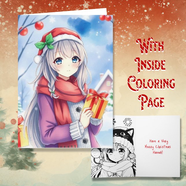 Personalised Anime Girl Colouring Page Christmas Card (Creator Uploaded)