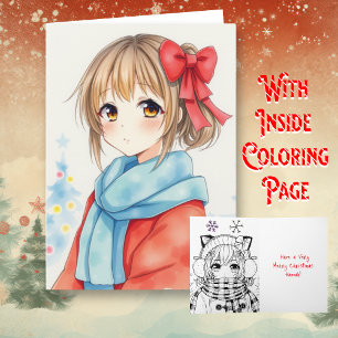 Personalised Anime Girl Colouring Page Christmas Card