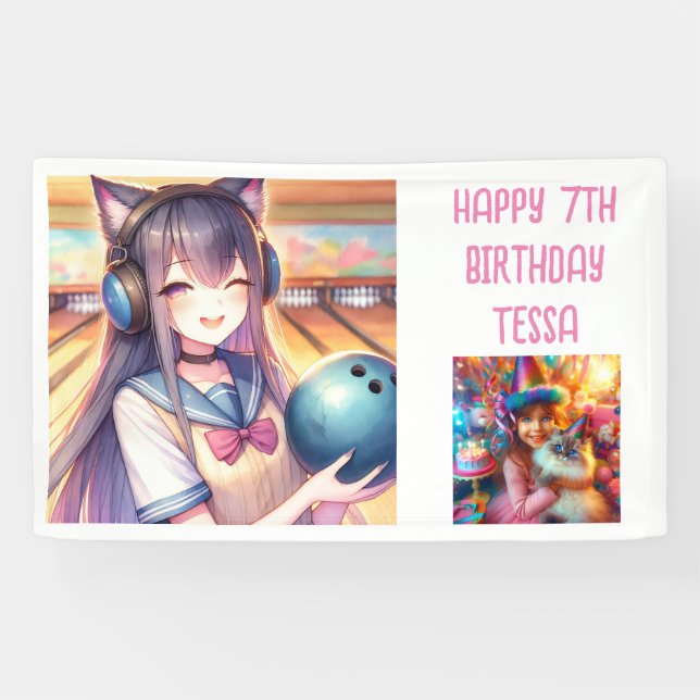 Personalised Anime Girl in Bowling Birthday Party Banner (Horizontal)