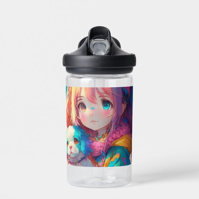 Personalised Anime Girl with Puppy Water Bottle (Front)