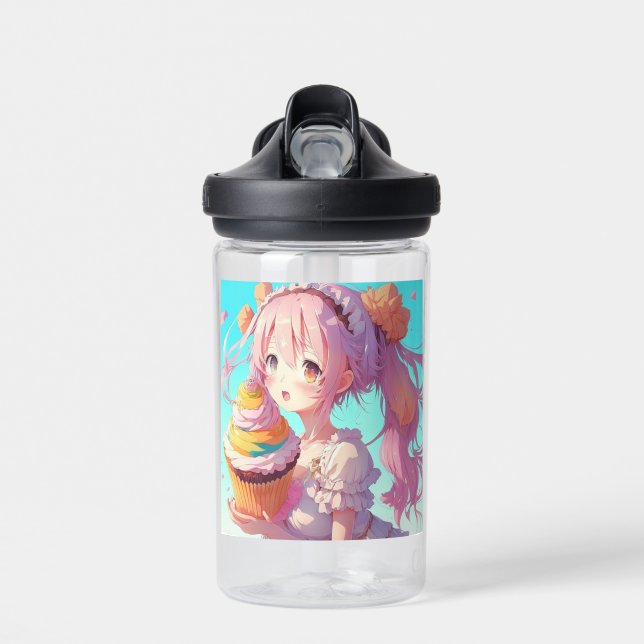 Personalised  Anime Girl with Whimsical Cupcake Water Bottle (Front)