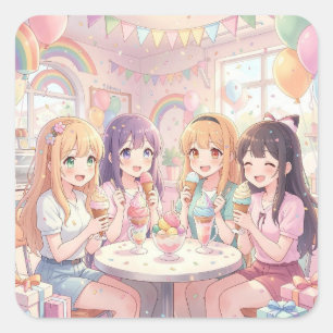 Personalised Anime Girl's Ice Cream Birthday Party Square Sticker