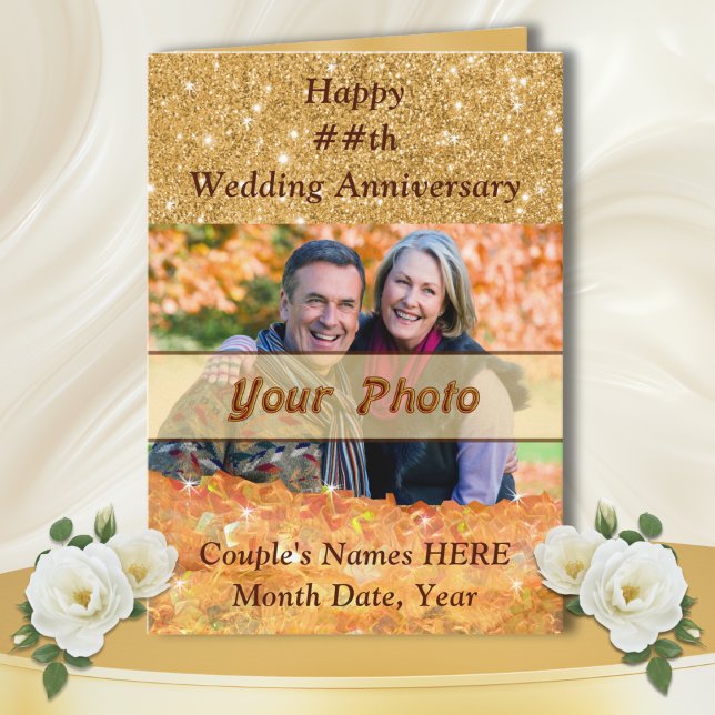 Personalised Anniversary Cards for Him and Her (50th anniversary photo cards. Picture anniversary cards. Personalised photo anniversary cards. Gold)