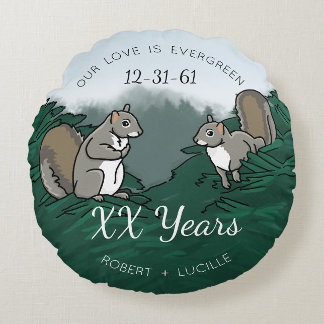 Personalised Anniversary Evergreen Love Squirrels Round Cushion (Front)