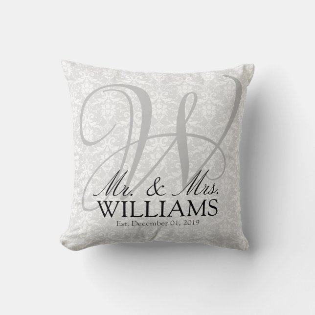 Personalised Anniversary or Wedding, White Damask Cushion (Front)