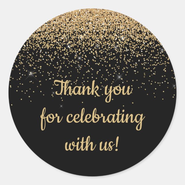 Personalised Anniversary Party Favour Black & Gold Classic Round Sticker (Front)