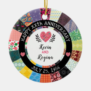 Personalised Anniversary, Patchwork Quilt Pattern Ceramic Ornament