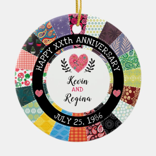 Personalised Anniversary, Patchwork Quilt Pattern Ceramic Ornament (Front)