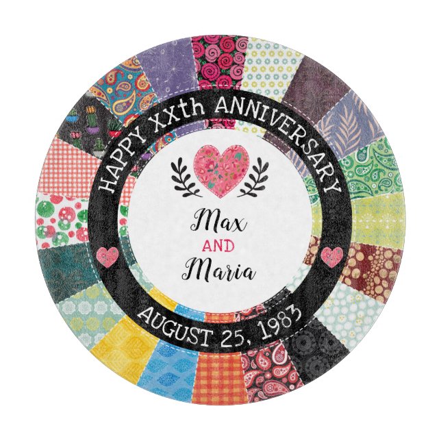 Personalised Anniversary, Patchwork Quilt Pattern Cutting Board (Front)