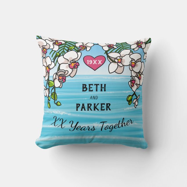 Personalised Anniversary Tropical Beach Orchids Cushion (Front)