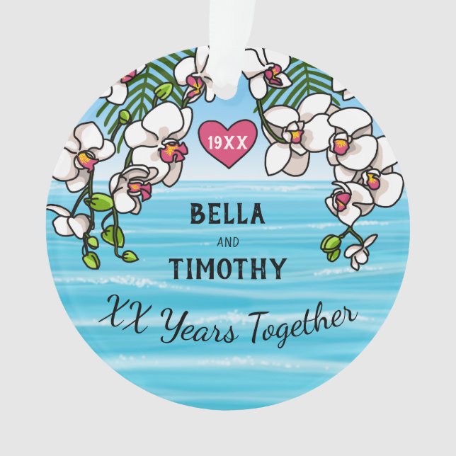 Personalised Anniversary Tropical Beach Orchids Ornament (Front)