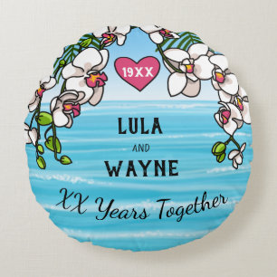Personalised Anniversary Tropical Beach Orchids Round Cushion