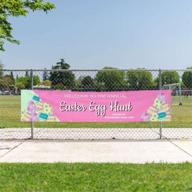 Personalised Annual Easter Egg Hunt pink green Banner (Insitu)