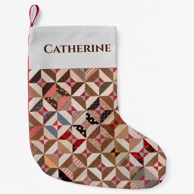 Personalised Antique Spool Pattern Patchwork Quilt Small Christmas Stocking (Front)