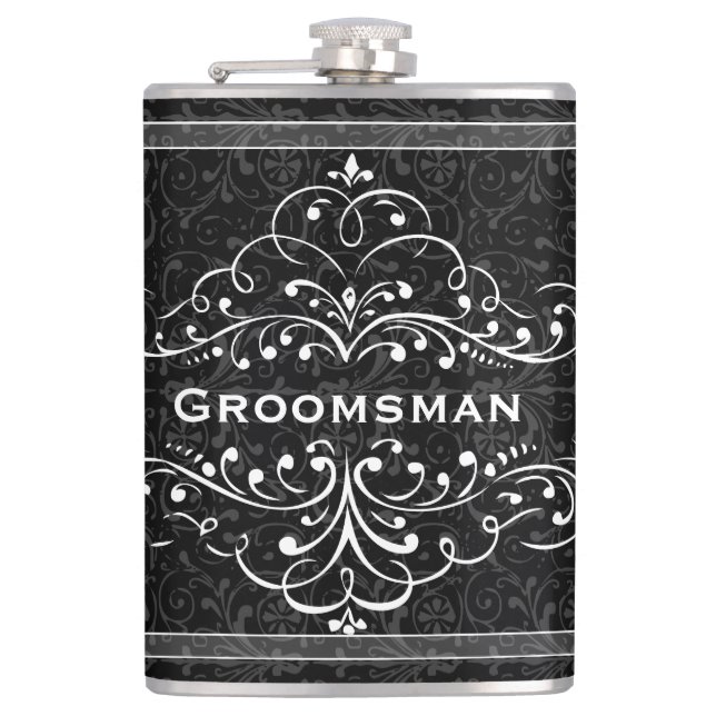Personalised Any Colour Vintage Flourish Groomsman Hip Flask (Front)