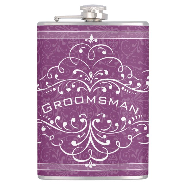 Personalised Any Colour Vintage Flourish Groomsman Hip Flask (Front)
