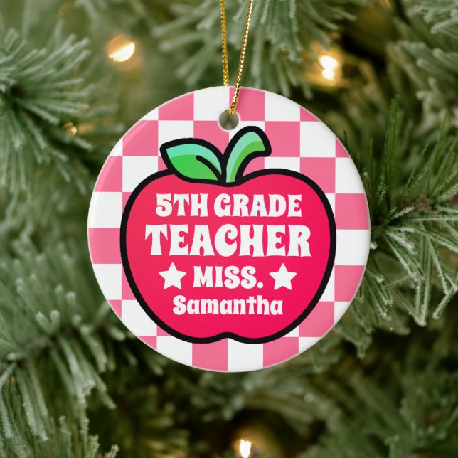 Personalised Apple Fifth Grade Teacher Photo Ceramic Ornament (Tree)