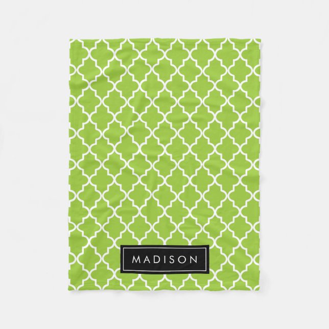 Personalised Apple Green and Black Quatrefoil Fleece Blanket (Front)