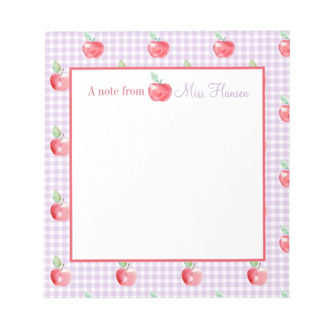 Personalised Apple Lavender Gingham Teacher  Notepad (Front)