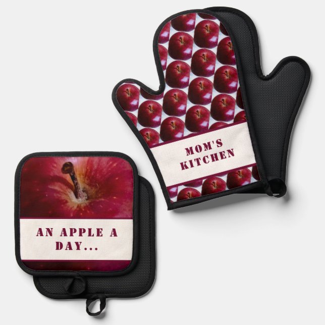 Personalised Apple Pattern Oven Mitt & Pot Holder Set (Front/Back)
