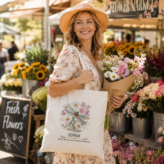 Personalised April Birth Flower Daisy Dragonfly Tote Bag