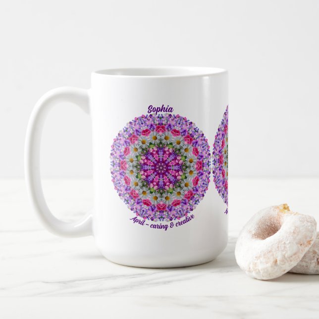 Personalised April Birth Flower Sweet Pea Mandala Coffee Mug (With Donut)